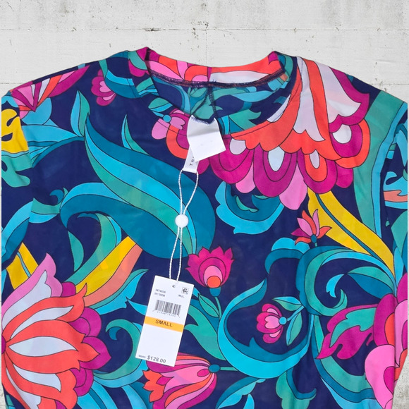 Trina Turk Retro Floral Mesh Crewneck Cinch Hem Swimsuit Cover Up Size Small - Picture 5 of 9